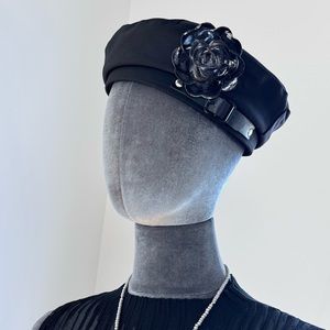 Custom Beret Hat Buckle Cap, Black Camellia flower